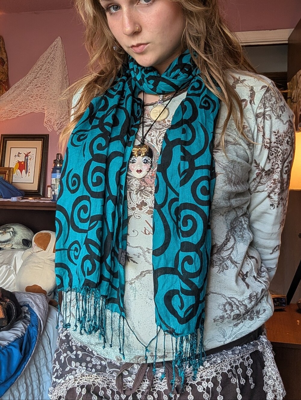 Spiral Print Teal Scarf